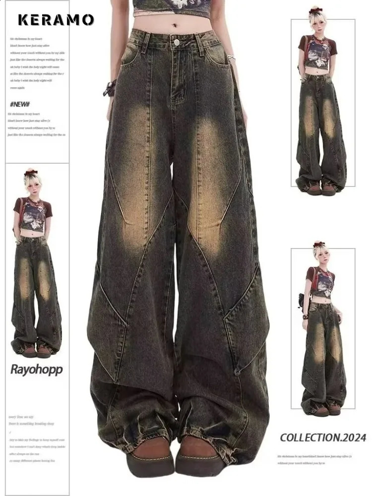 Retro Wide Leg Baggy Casual Denim Trouser Harajuku Washed High Waist Loose Jeans Summer Womens Pockets 2000s Pants 240823