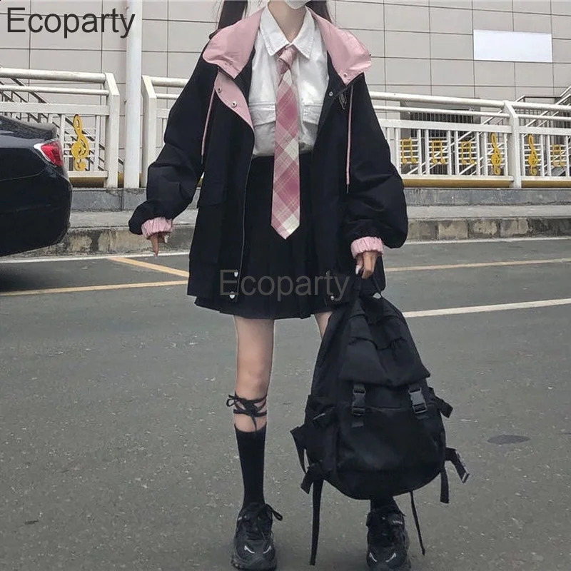 Veste kawaii japonaise pour femmes automne rose preppy style manteau à capuchon surdimensionné coréen mode décontracté.