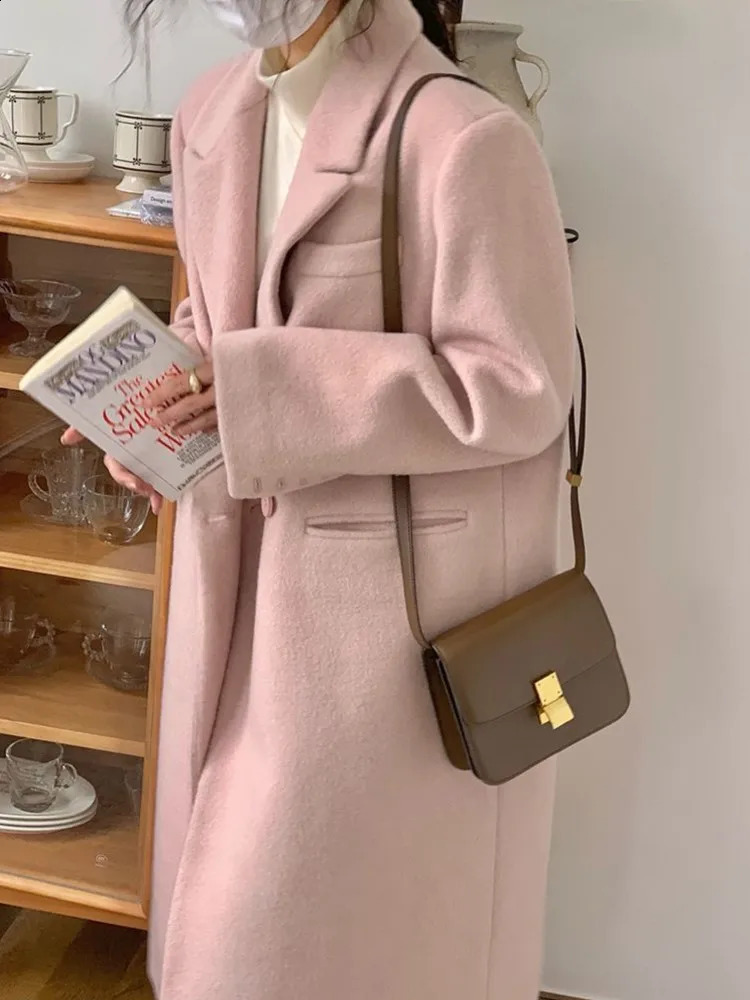 2023 Autumn Winter Women Elegant Pink Turn Down Collar Long Coats Female Double Breasted Korean Simple Woolen Office Lday 240823