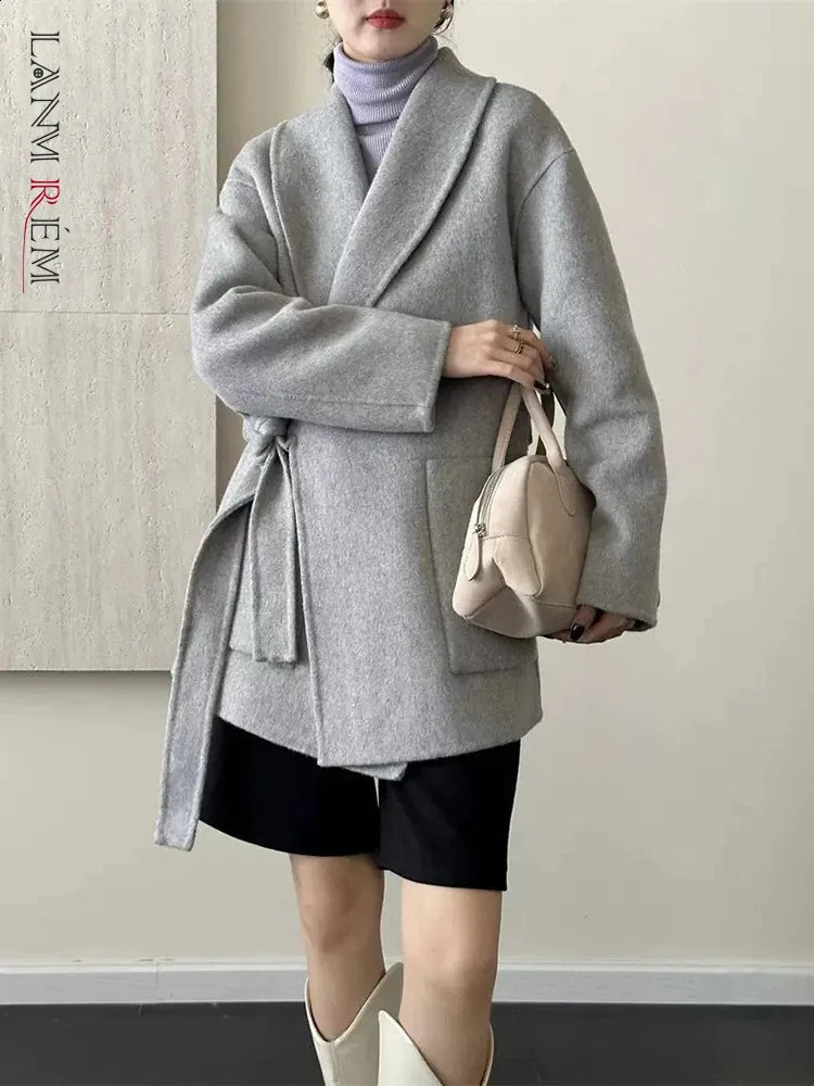 Lanmrem Elegant Bow Laceup Double-Side Laine Coat For Women Abèle Couleur solide CHAUTS CHEAUS 2024 Vêtements d'automne 2Z2336 240823