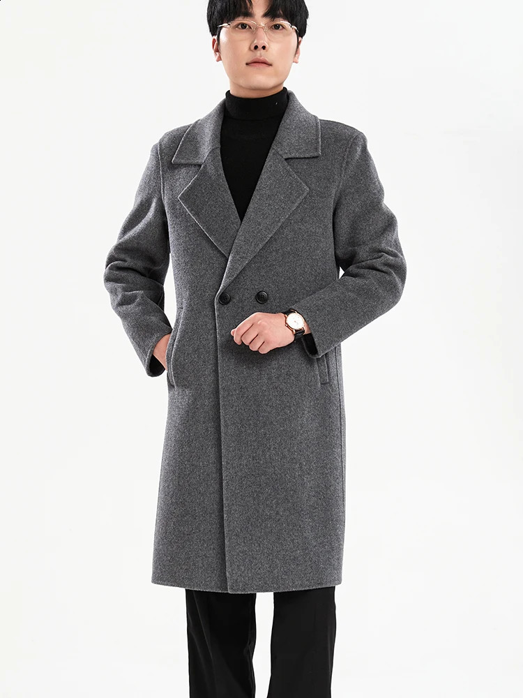 Autumn and Winter 100 Pure Wool Reversible Woolen Coat Mens Long Overknee Suit Collar Cloth Trench 240823