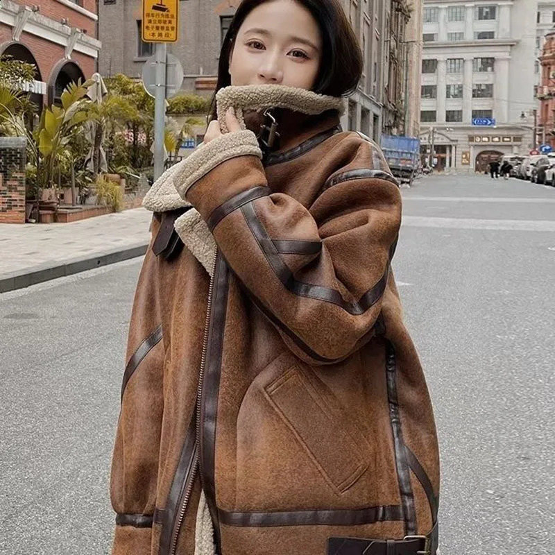 2023 Winter Sheepskin Faux Suede Jackets for Women Warm Fur Coat Long Sleeve Zipper Short Casual 240823
