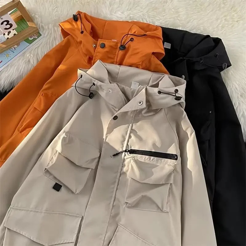 Outdoor American Style Hooded Jacket For Men Women Trendy Waterproof Windproof Casual Loose Fit Jacket For Youths 240823