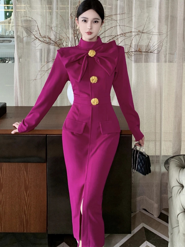 Korean retro elegant bow collar single chest dress A-line long sleeved casual high waist dress womens spring and autumn dress 240824