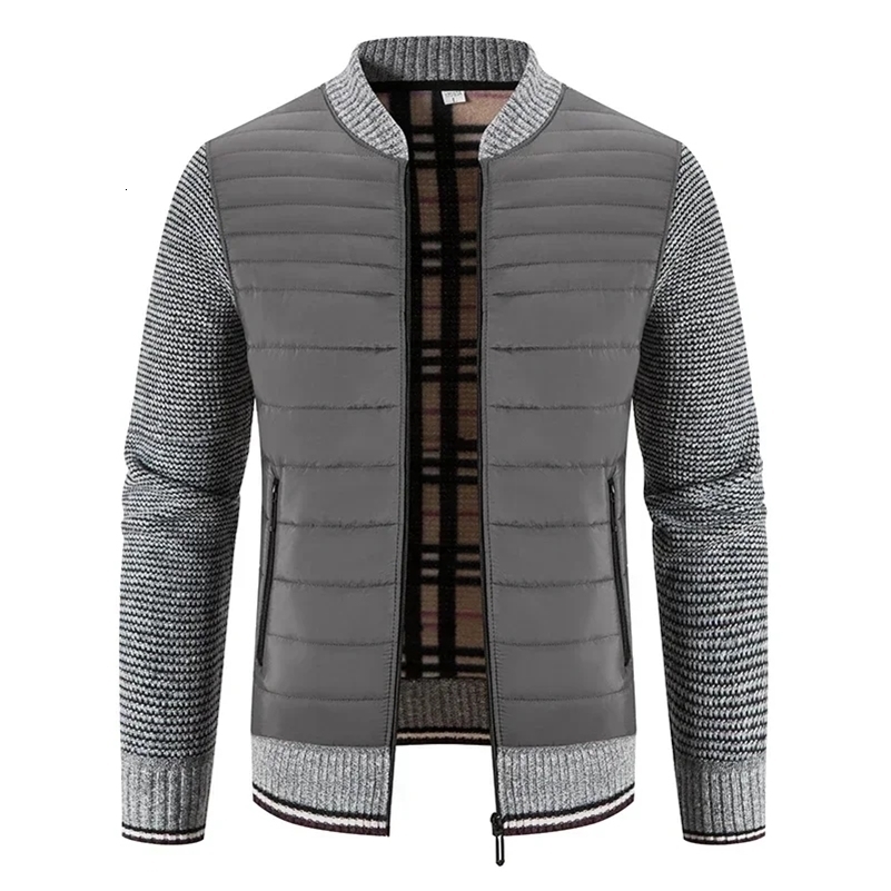 Mens Patchwork Sweater Jacket Autumn Winter Warm Stand-up Collar Zipper Cardigan Sweater Male Clothing Casual Knitwear Coat 240823