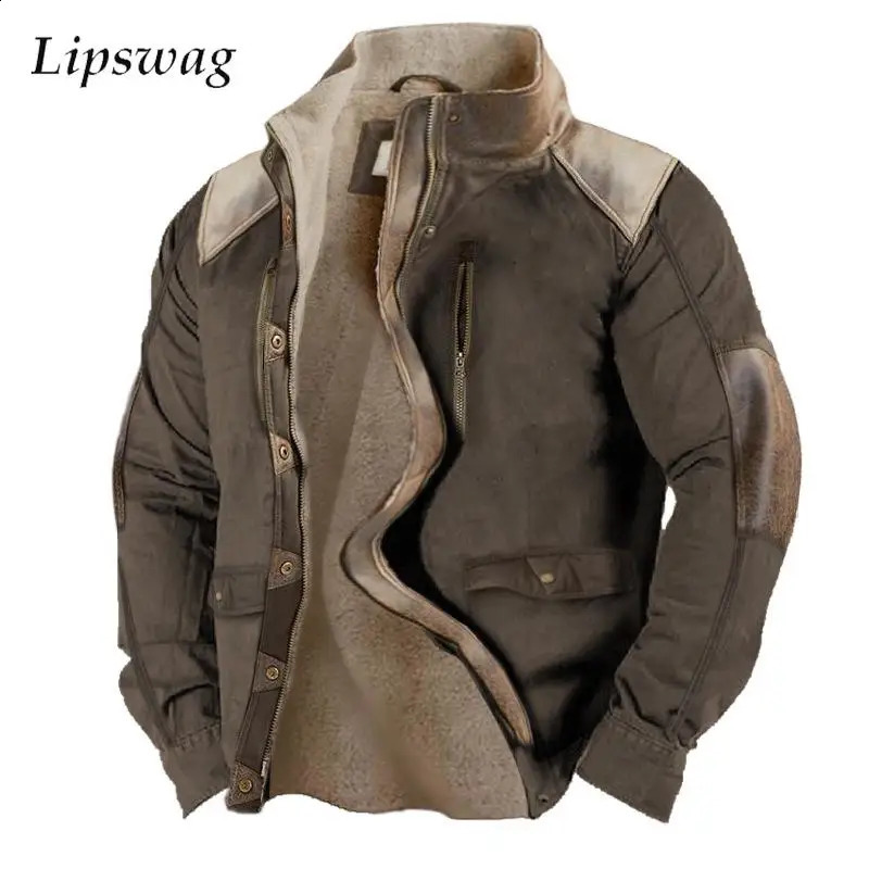 Winter Warm Outdoor Jacket Coat Mens Fashion Zipper Button Lapel Jackets Wool Lining Retro Loose Long Sleeve Men Fall Outerwear 240823