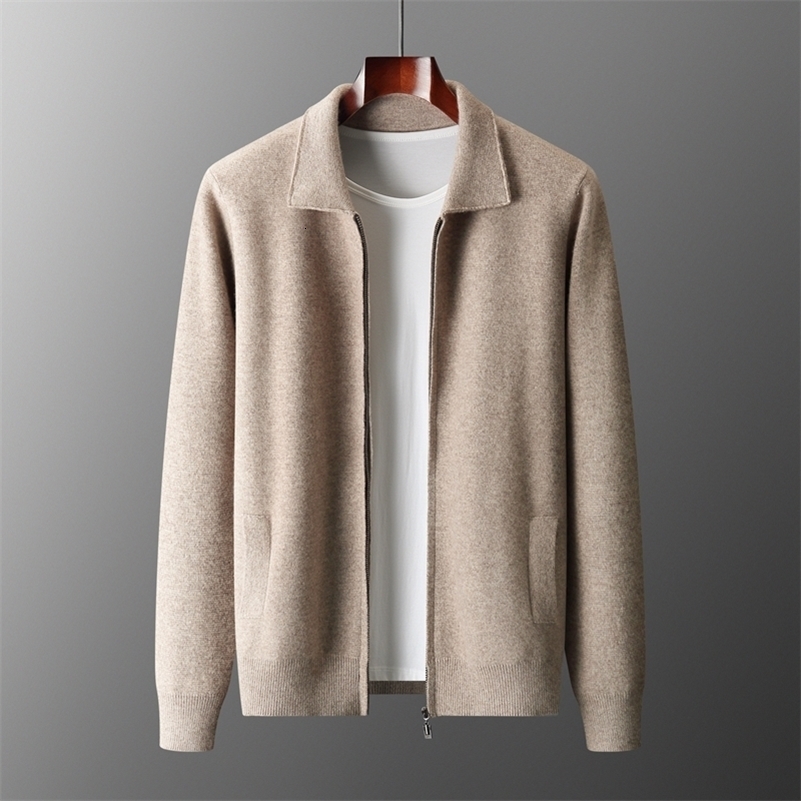 Cardigan pour hommes d'automne et d'hiver 100% en laine mérinos en tricot à fermeture éclair et à manches longues à manches à manches longues