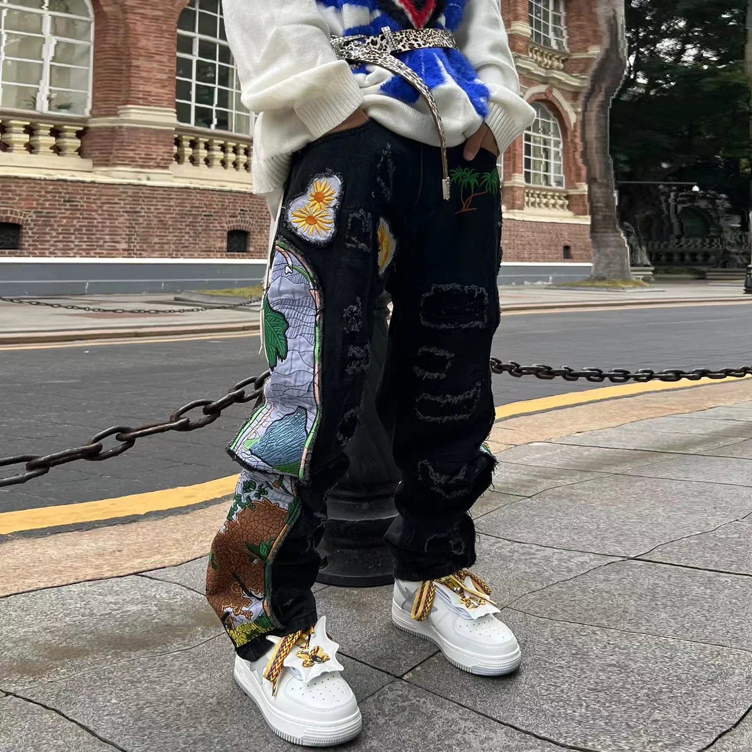 Harajuku Mode Patchs Brodés Pantalon Droit En Denim Hip Hop Lavé Déchiré Jeans Noir Bleu Patchwork Y2k Jeans Baggy Hommes 240823