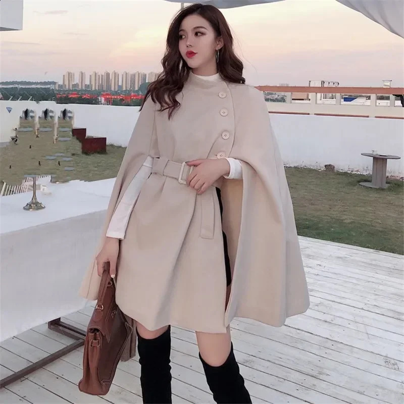 autumn high-quality wool fabric shawl open top raincoat with belt womens medium length sleeveless casual womens open top jacket 240824