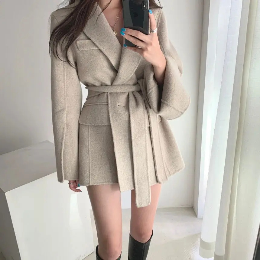 autumn and winter wool coat casual lace medium long wool suit British style ultra-thin slim fit womens clothing 240824