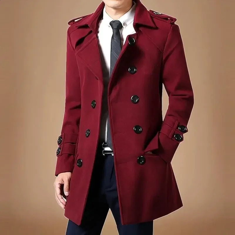 Mens mid length wool coat wool lining thick jacket trendy and loose suitable for autumn and winter 240823