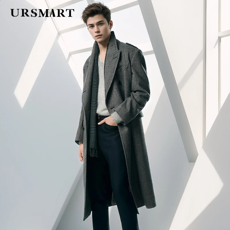 Custom Mens Herringbone Wool Coat Long Classic DoubleBreasted British Fashion Style 240823