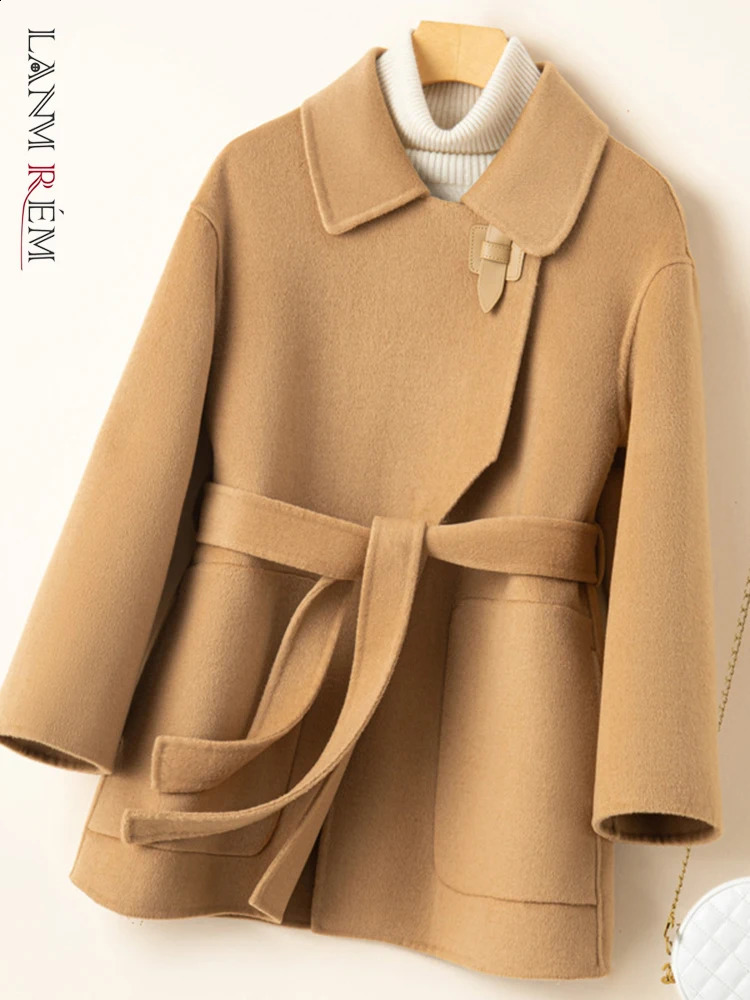Lanmrem High end Womens Winter Wool Coat Flip Tie Gather Waist Solid Color Jacket Fashion 2024 Clothing 2AA4391 240824
