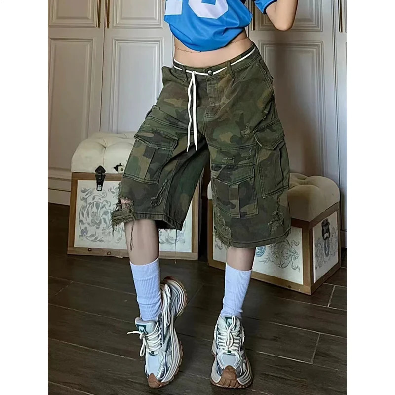 American Retro High Waist Mid Long Jeans Pockets Hip-hop Baggy Shorts Womens Casual Y2K Grunge Camouflage Washed Denim Shorts 240823