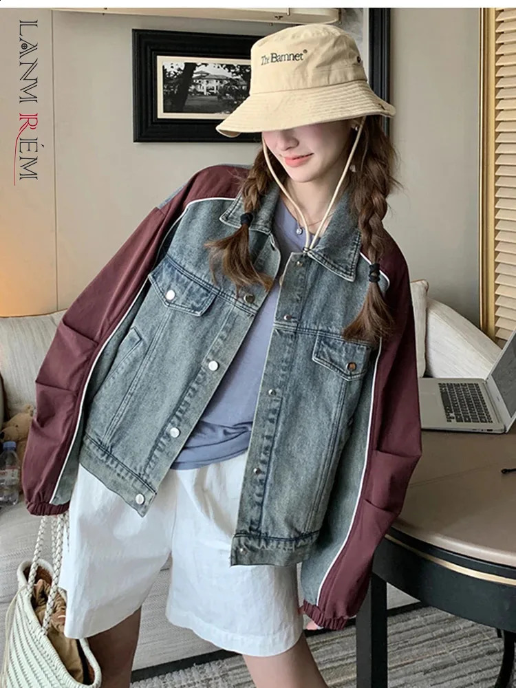 LANMREM Fashion Denim Patchwork Coat Womens Lapel Single Breasted Contrast Color Sleeves Spliced Jacket Autumn 2Z2396 240823