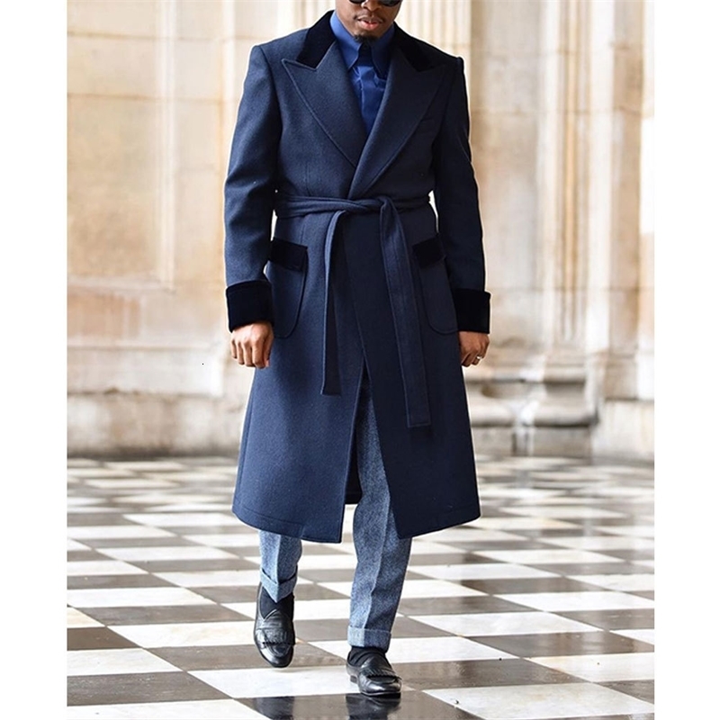 Mens Woolen Coat Velvet Splicing Lapel Collar Flap Pockets Lace Up Overcoat Elegant Gentleman Business Casual Clothing 240823
