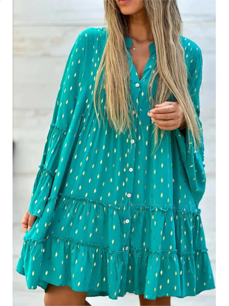Womens Printed Gold Embossed Splicing Dress Spring and Autumn Fashion Maxi Swinging Loose Elegant Womens Shirt Dress 240824