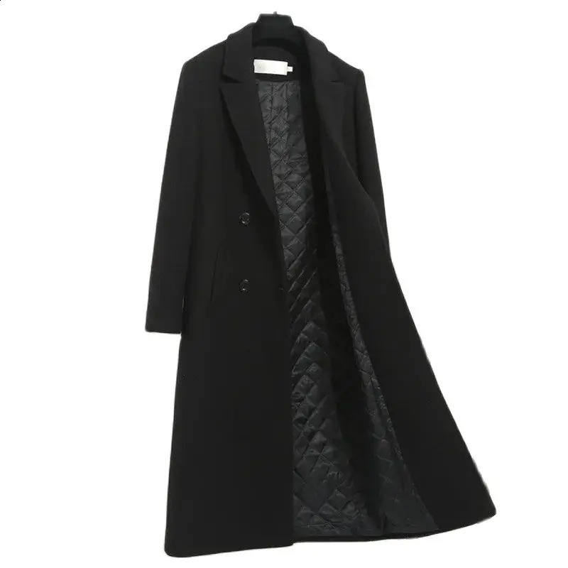 Classic Black Woolen Coat Female MidLength Womens Autumn Winter Jacket 2023 Korean Version Thicken Blend Overcoat 240823