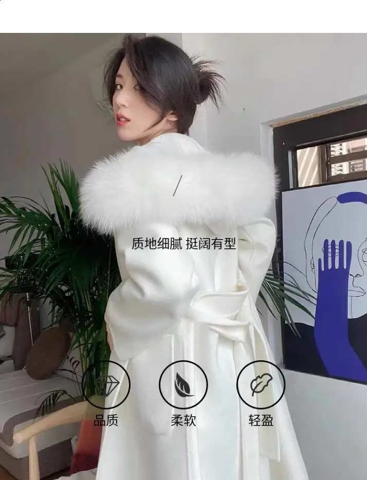 Womens fashion white small hooded lace up fur collar thick coat medium long loose wool fabric winter coat 240824