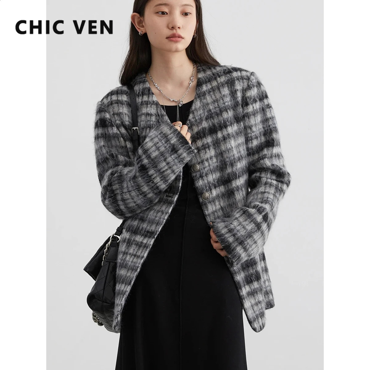 CHIC VEN Womens Coat Retro Long Blends Striped Woolen Jacket Office Lady Clothing Female Top Autumn Spring 2023 240823
