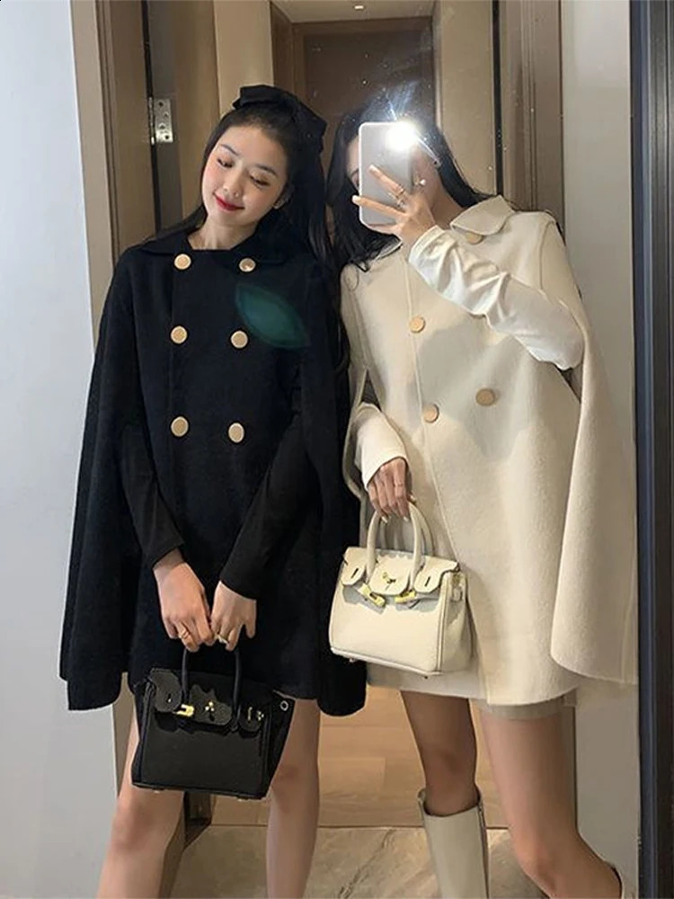 Double breasted womens cape coat synthetic wool loose solid womens coat 2024 fashionable spring raincoat elegant lapel womens jacket 240824
