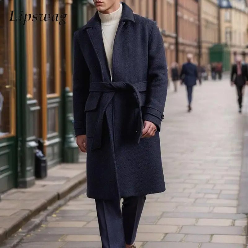 Automne Hiver épais thermages chauds en laine hommes vintage revers à revers à bouton-ceinture malip pour hommes pour hommes couleurs massifs ves