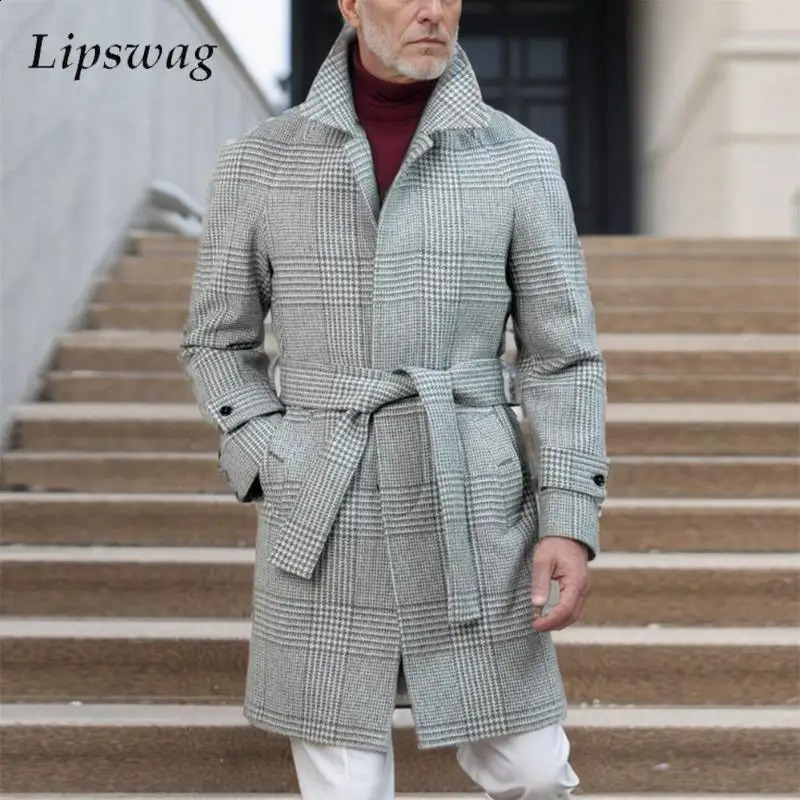Vintage Plaid Woolen Trench Coat Men Fashionable Lapel Buttonup Laceup Belt Windbreaker Mens Mid Jacket Fall Winter Outerwear 240823