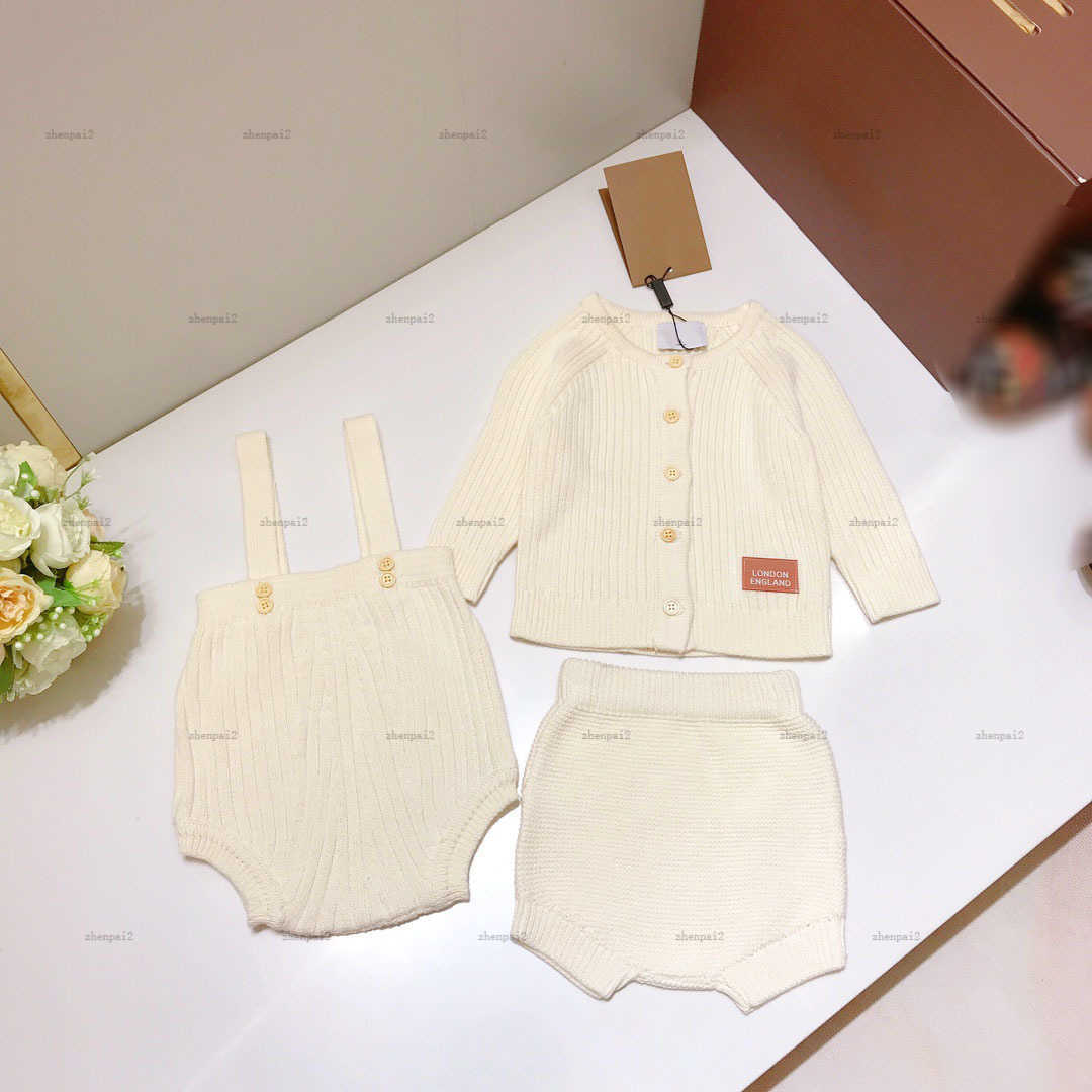 Luxury designer Baby Creeper Knit Set Size 66-100 CM 3pcs children Single breasted round neck cardigan and knit shorts-image-1015338523