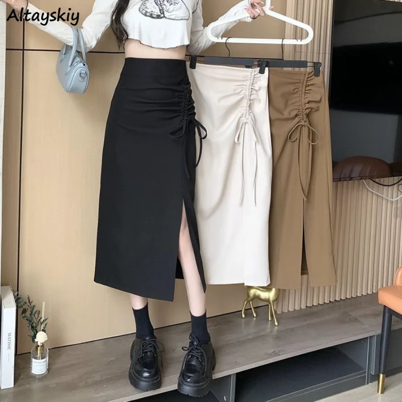 Shirring Skirts Women Slit Korean Style Fashion A-line sweet High Waist Casual Solid All-match Ladies Ins Office Lady 240823