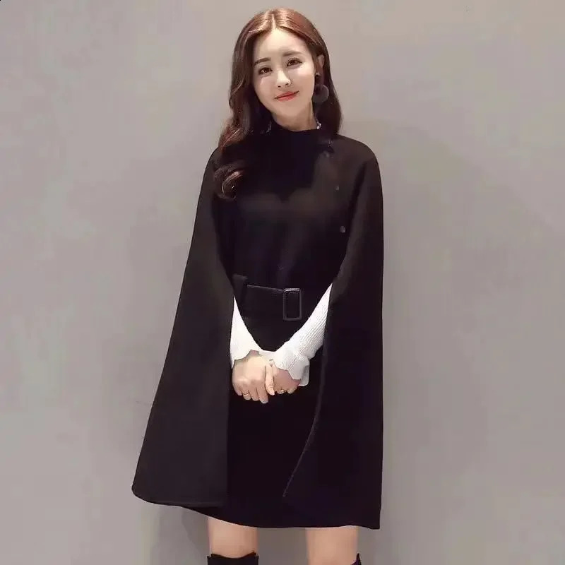 Autumn high-quality wool fabric shawl open top raincoat with belt womens medium length sleeveless casual womens open top coat Q318 240824