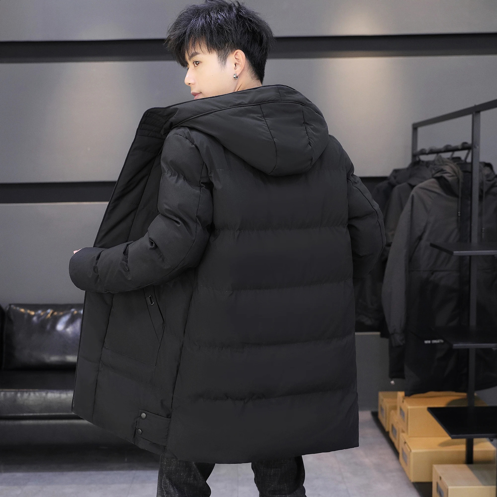 Men Hooded Collar Long Down Jackets Thicker Warm Parkas Male Outwear Casual Slim Fit Winter Coats And 240823Z
