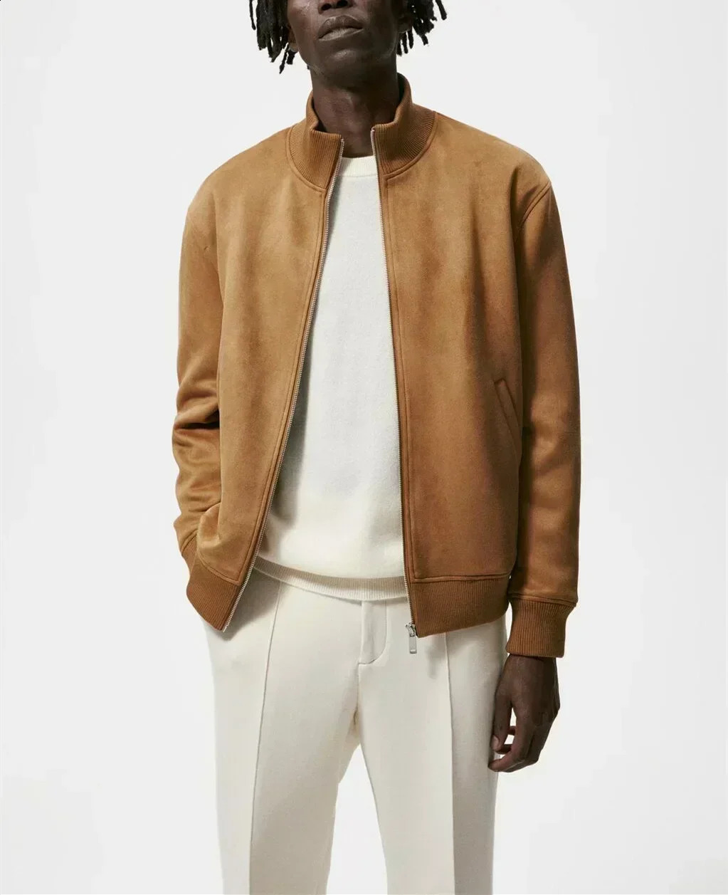 Street fashion jacket mens stand up collar casual suede jacket ultra-thin fit windproof zipper jacket camel black top 240823