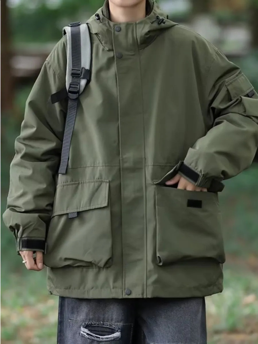 Men Solid Cargo Bomber Jacket Long Sleeve Hooded Trench Coat Military Tactical Jacket Coats Outdoor Zipper Waterproof Outerwear 240823
