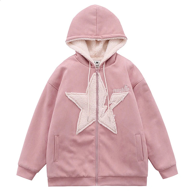 Harajuku Zip Up Hoodies Women Five Pointed Star Patch Hooded Sweatshirt Retro Oversize Long Sleeve Street Couple Jacket Men Tops 240823