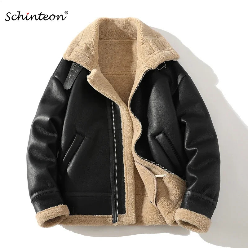 Sinton Mens Suede Leather Jacket Autumn Warm Thick Motorcycle Coat Artificial Cashmere Fur Collar Black Coat 240823
