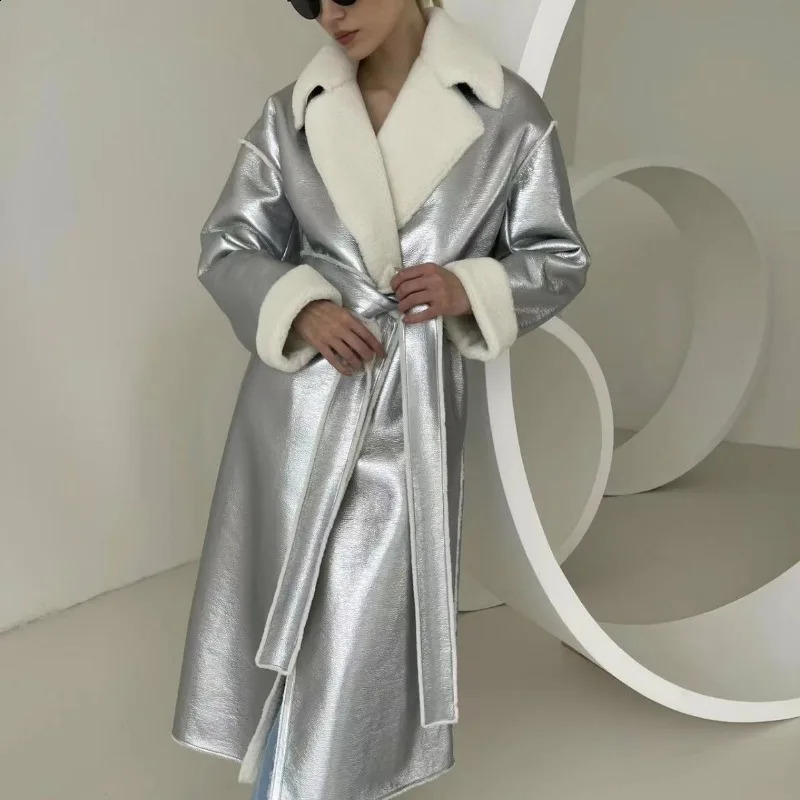 2024 Fashion Flannel Jacket Womens Winter Warm Metallic Color PU Leather Lapel Coat Belt Slim Long Faux Fur Parkas Clothing 240823