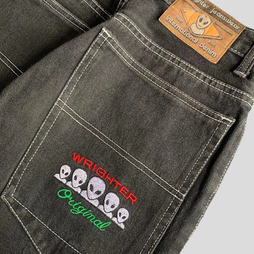 Y2K Jeans Streetwear Womens Hip Hop Alien Graphic Embroidered Baggy Jeans Denim Pants Harajuku Retro High Waist Wide Leg Trouser 240823
