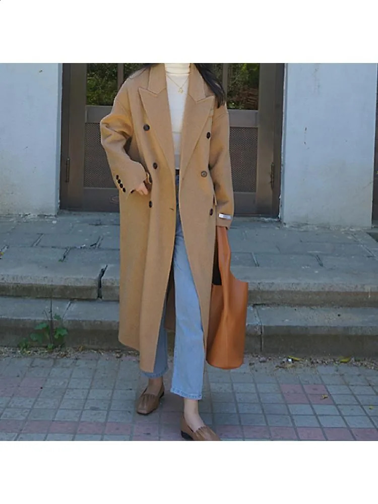 Winter Korean Style HighEnd Handmade Double Breasted Black Long 100 Wool Coat Women Lapel Loose Warmer Woolen Jacket 240823