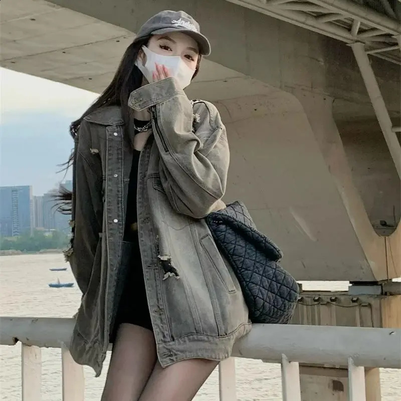 Fat Sister Retro Distressed Denim Jacket Womens Spring Autumn Long Sleeved Loose Medium Length Top Jacket Solid Color 240823