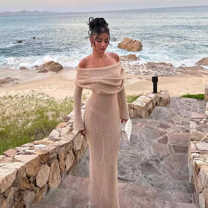 Tricoté mince sexy voir à travers de longues robes creux hors de l'épaule maxi robe femme d'été dame plage vestidos de vacances 240824