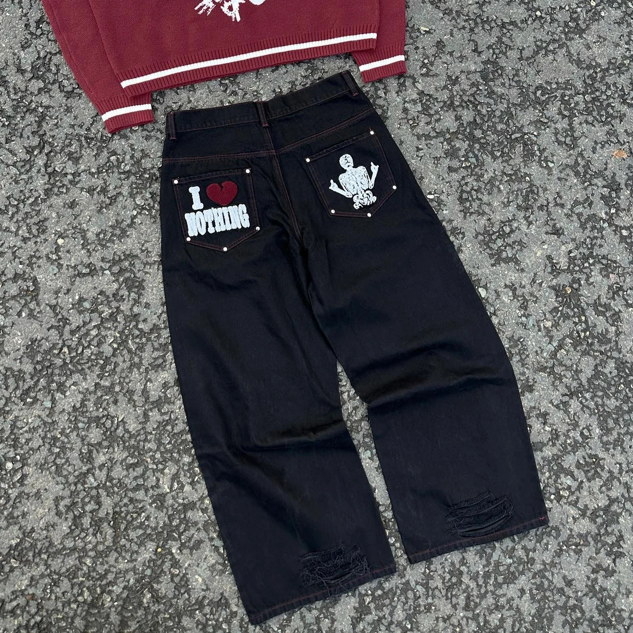 Y2K Jeans Pants Harajuku Hip Hop Retro Skull Graphic Baggy Jeans Black Pants Mens Womens High Waist Wide Trousers Streetwear 240823