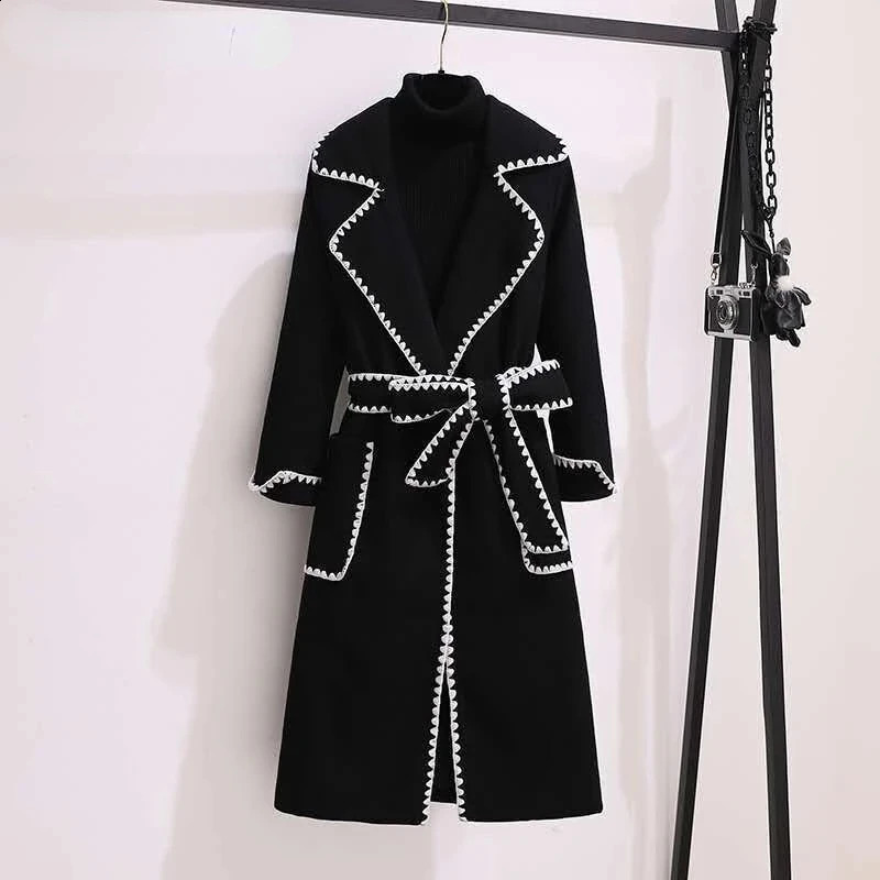 large 4xl autumn/winter wool long coat womens collar ultra-thin wool blend jacket with waistband Korean elegant thick coat 240824