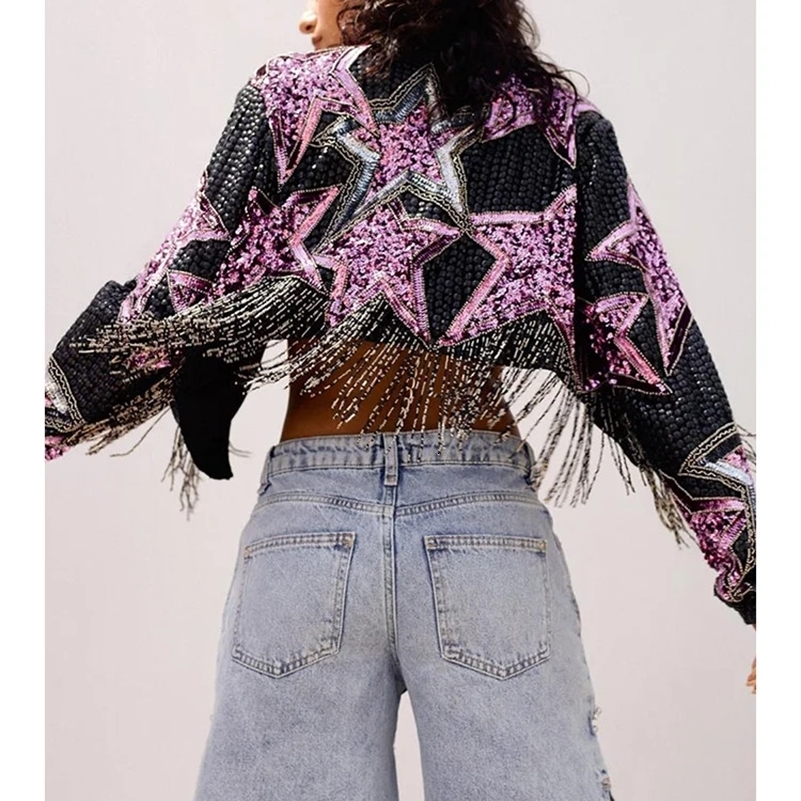 Veste de motif étoile à manteau de printemps avec cardigan à manches longues bordure de bord Fur Long Gothic Gothic Cropped Sorwear Couteau 24082