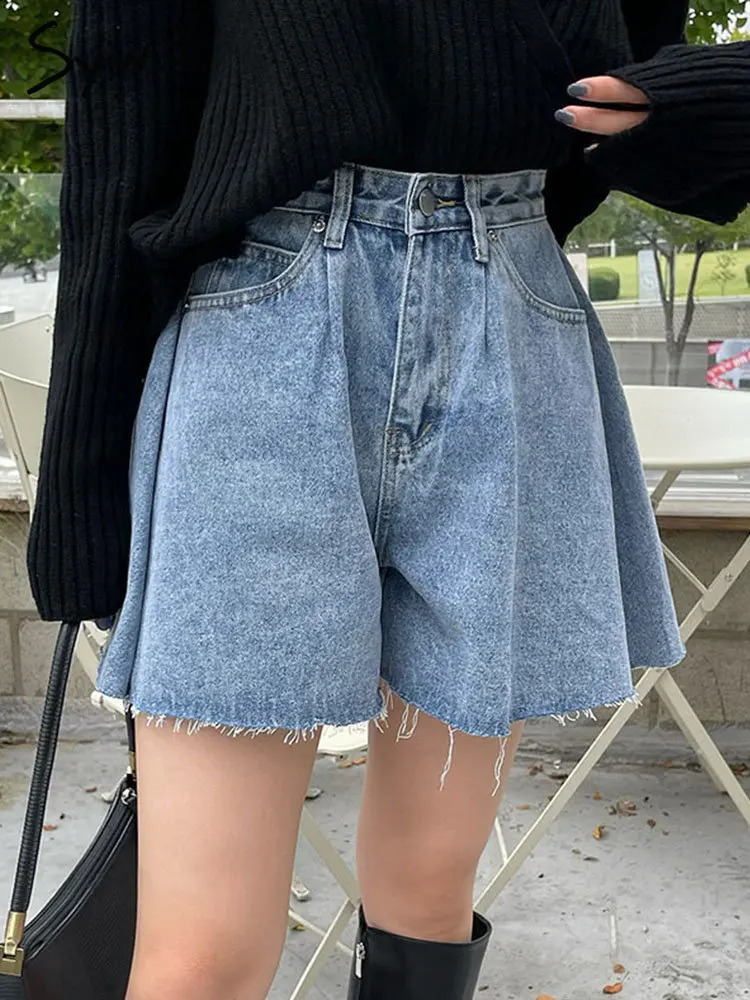 Syiwidii jean short femme d'été haute taille baggy large jambe fare jeans jeans décontracté vintage coréen style y2k short denim 240823