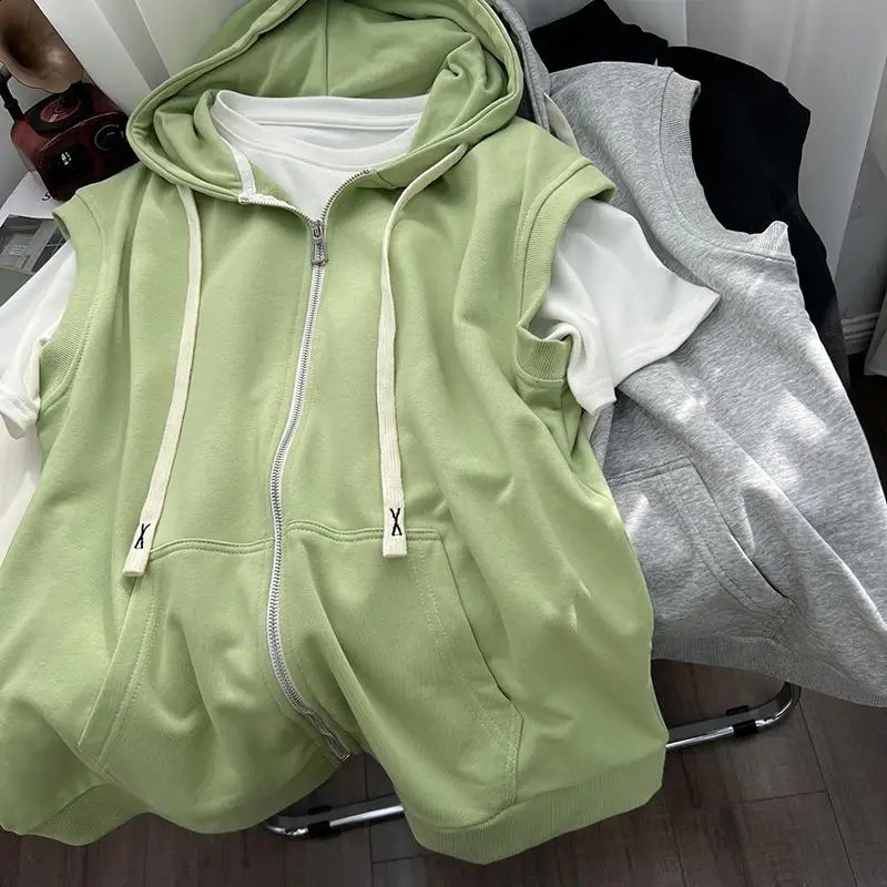 summer Mens Leisure Sports Hooded Vest Large Size Korean Version Loose Sleeveless Zipper Cardiga Waistcoat All-match Coats 240824