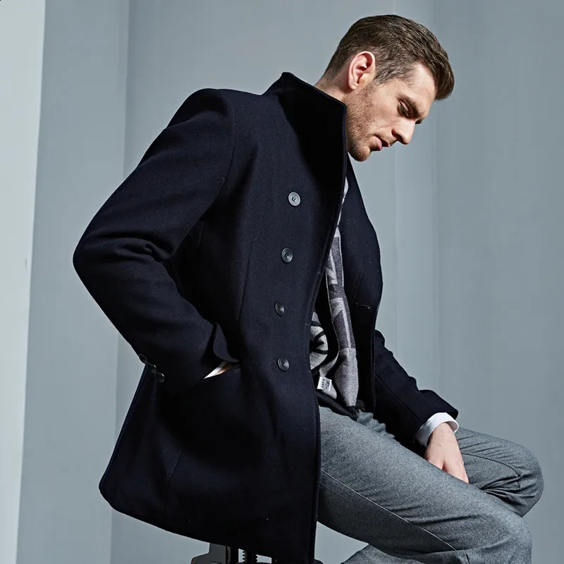 Classic autumn and winter solid color wool coat mens business casual slim fit medium to long 50% wool windproof coat jacket 240823