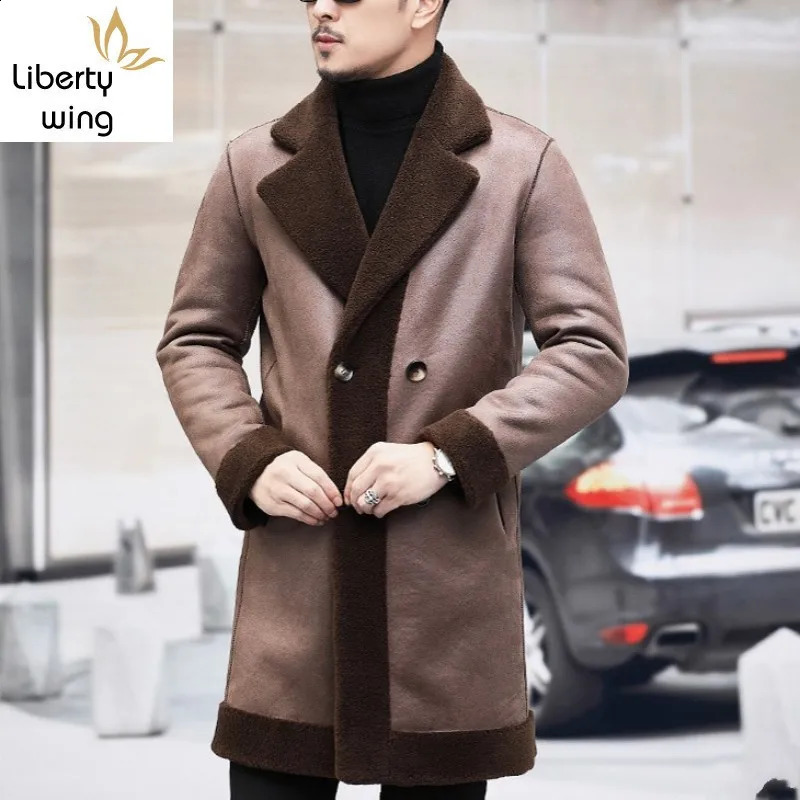 mens genuine wool leather jacket reversible double chest coat mens natural wool long coat slim fit warm wool jacket 240823
