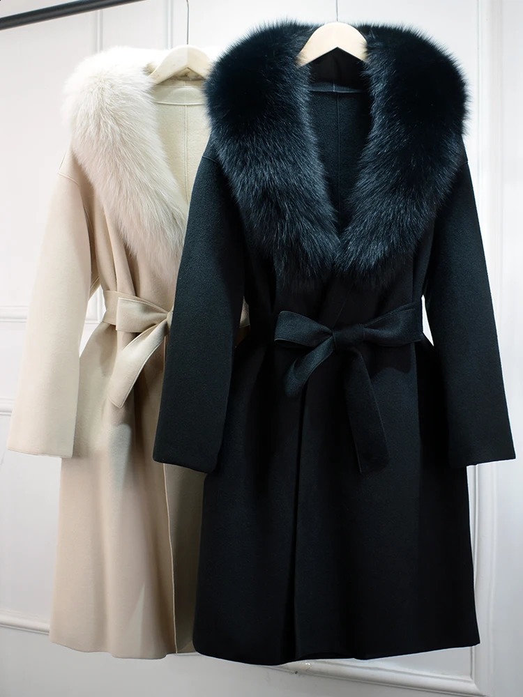 Janveny Elegant Womens Wool Coat Large Natural Fox Fur Collar Autumn Womens Fashion Jacket Strap Street Clothing 240824