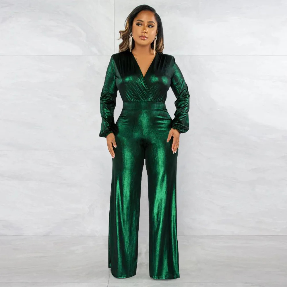 Sexy womens puff sleeves golden brown jumpsuit long sleeved V-neck jumpsuit womens jumpsuit 240824