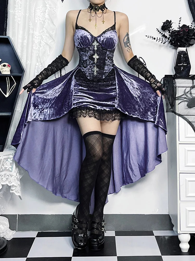 Robe gothique pour femmes 2024 printemps ultra mince style robe violette robe de queue 240823